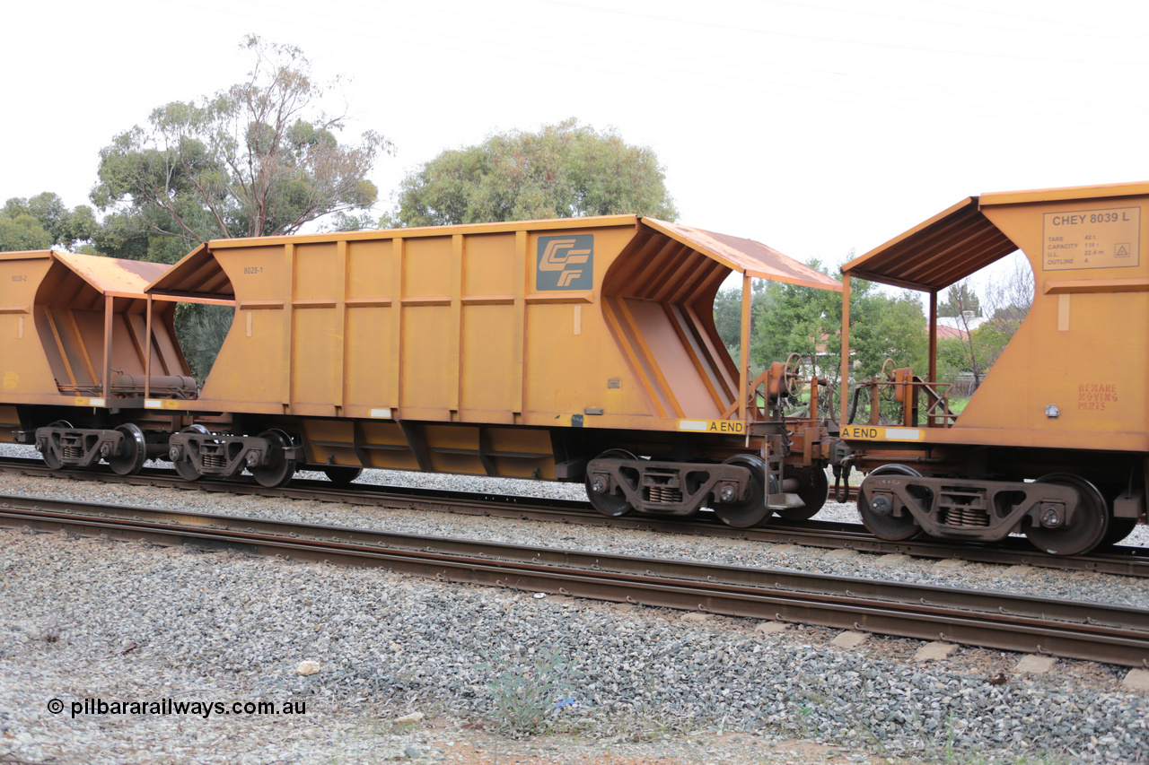 140601 4448
Woodbridge, empty Carina bound iron ore train #1035, CFCLA leased CHEY type waggon CHEY 8028-1 part of a pair of 120 sets built by Bluebird Rail Operations SA in 2011-12. 1st June 2014.
Keywords: CHEY-type;CHEY8028;Bluebird-Rail-Operations-SA;2011/120-28;