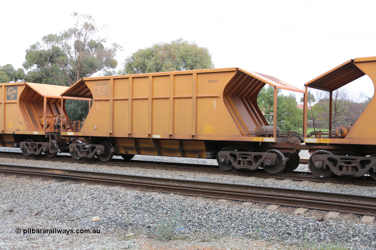 140601 4449
Woodbridge, empty Carina bound iron ore train #1035, CFCLA leased CHEY type waggon CHEY 8028-2 part of a pair of 120 sets built by Bluebird Rail Operations SA in 2011-12. 1st June 2014.
Keywords: CHEY-type;CHEY8028;Bluebird-Rail-Operations-SA;2011/120-28;