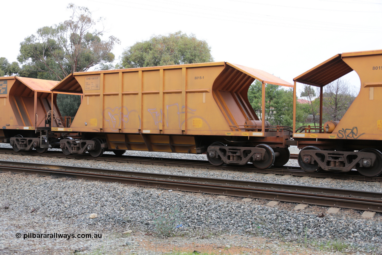 140601 4451
Woodbridge, empty Carina bound iron ore train #1035, CFCLA leased CHEY type waggon CHEY 8015-2 part of a pair of 120 sets built by Bluebird Rail Operations SA in 2011-12. 1st June 2014.
Keywords: CHEY-type;CHEY8015;Bluebird-Rail-Operations-SA;2011/120-15;