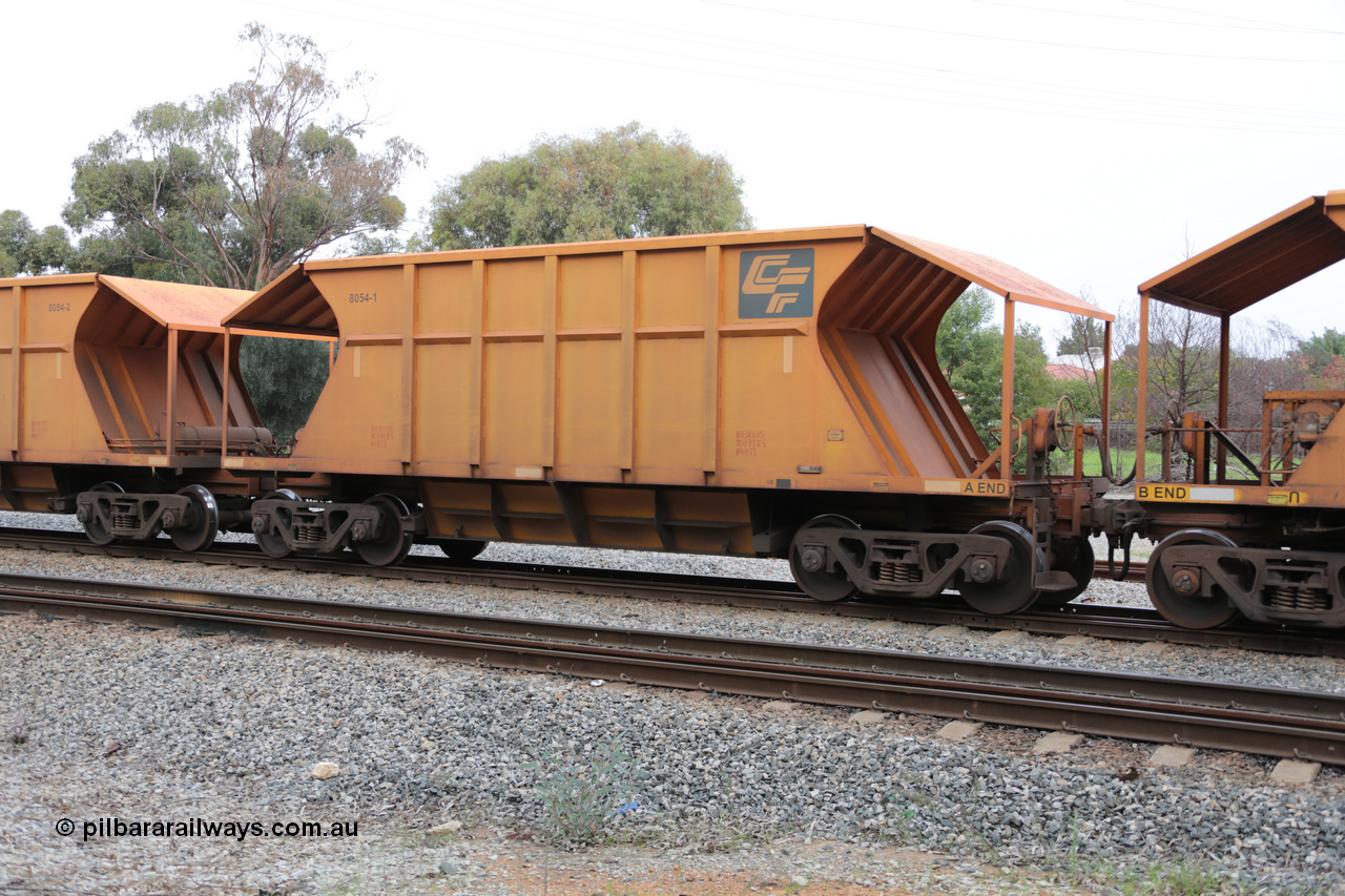 140601 4454
Woodbridge, empty Carina bound iron ore train #1035, CFCLA leased CHEY type waggon CHEY 8054-1 part of a pair of 120 sets built by Bluebird Rail Operations SA in 2011-12. 1st June 2014.
Keywords: CHEY-type;CHEY8054;Bluebird-Rail-Operations-SA;2011/120-54;