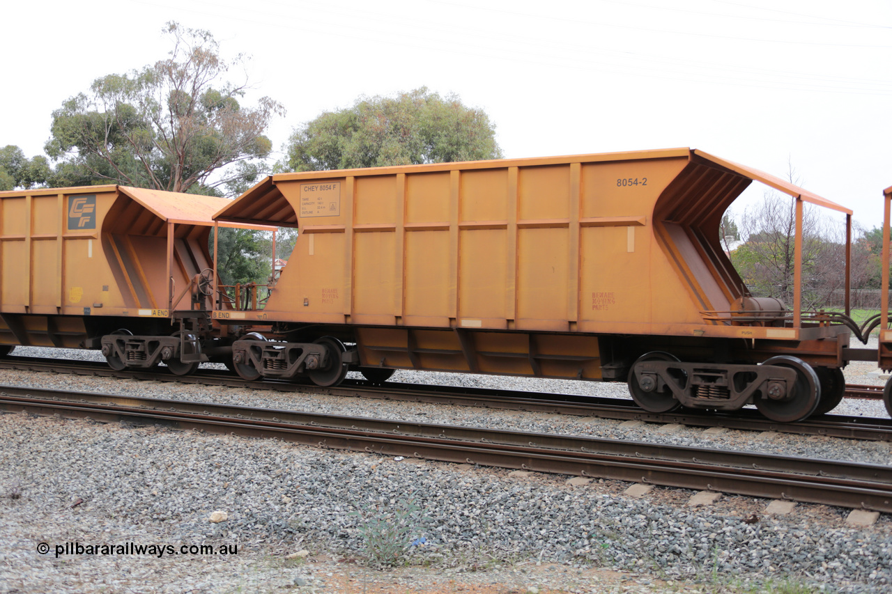 140601 4455
Woodbridge, empty Carina bound iron ore train #1035, CFCLA leased CHEY type waggon CHEY 8054-2 part of a pair of 120 sets built by Bluebird Rail Operations SA in 2011-12. 1st June 2014.
Keywords: CHEY-type;CHEY8054;Bluebird-Rail-Operations-SA;2011/120-54;