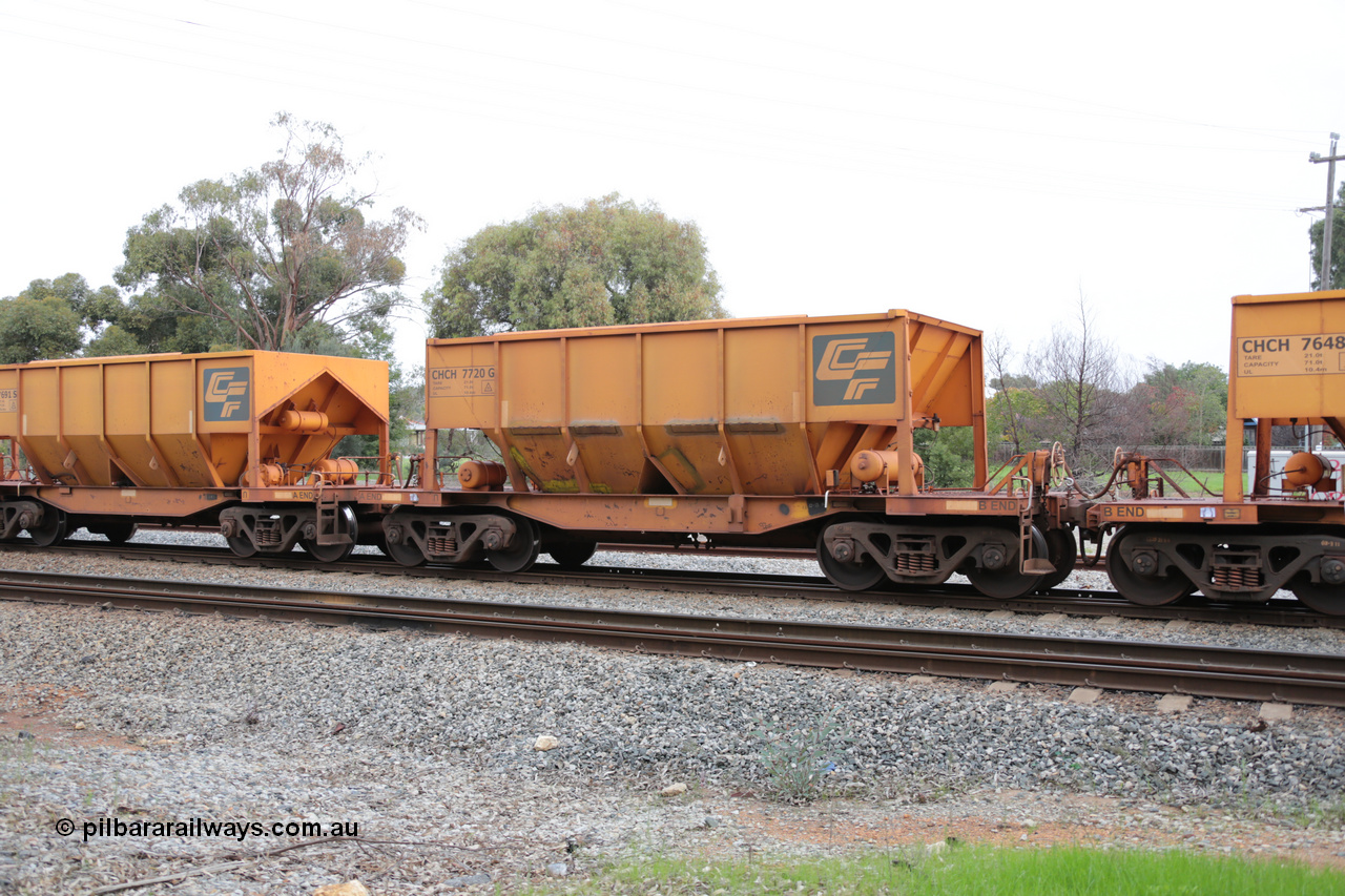 140601 4459
Woodbridge, empty Carina bound iron ore train #1035, CFCLA leased CHCH type waggon CHCH 7720 these waggons were rebuilt between 2010 and 2012 by Bluebird Rail Operations SA from former Goldsworthy Mining hopper waggons originally built by Tomlinson WA and Scotts of Ipswich Qld back in the 60's to early 80's. 1st June 2014.
Keywords: CHCH-type;CHCH7720;Bluebird-Rail-Operations-SA;2010/201-120;