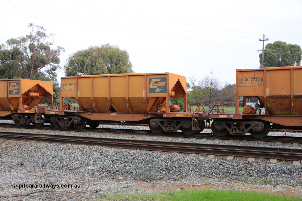 140601 4460
Woodbridge, empty Carina bound iron ore train #1035, CFCLA leased CHCH type waggon CHCH 7691 these waggons were rebuilt between 2010 and 2012 by Bluebird Rail Operations SA from former Goldsworthy Mining hopper waggons originally built by Tomlinson WA and Scotts of Ipswich Qld back in the 60's to early 80's. 1st June 2014.
Keywords: CHCH-type;CHCH7691;Bluebird-Rail-Operations-SA;2010/201-91;