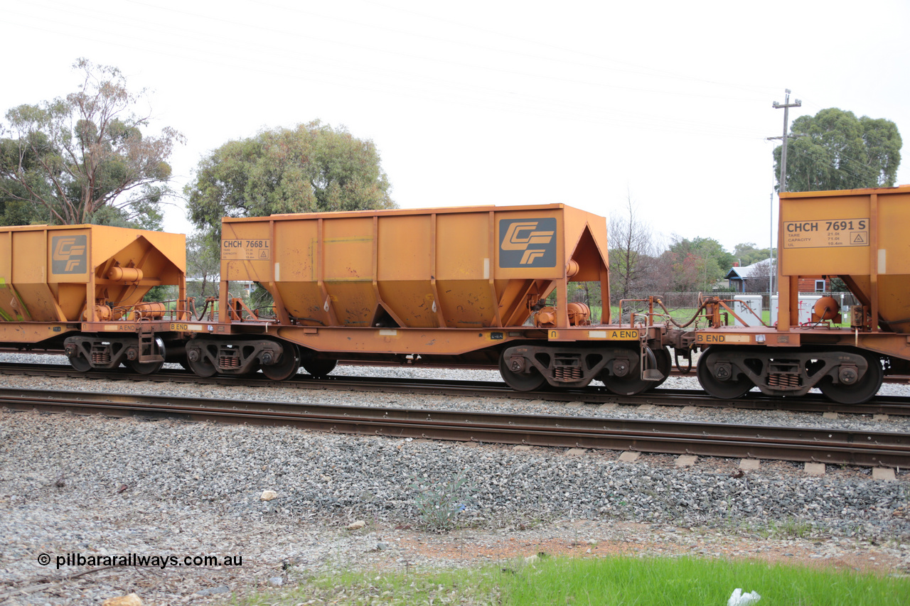 140601 4461
Woodbridge, empty Carina bound iron ore train #1035, CFCLA leased CHCH type waggon CHCH 7668 these waggons were rebuilt between 2010 and 2012 by Bluebird Rail Operations SA from former Goldsworthy Mining hopper waggons originally built by Tomlinson WA and Scotts of Ipswich Qld back in the 60's to early 80's. 1st June 2014.
Keywords: CHCH-type;CHCH7668;Bluebird-Rail-Operations-SA;2010/201-68;