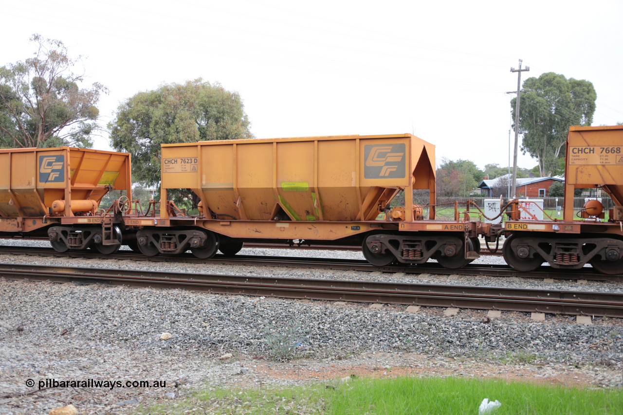140601 4462
Woodbridge, empty Carina bound iron ore train #1035, CFCLA leased CHCH type waggon CHCH 7623 these waggons were rebuilt between 2010 and 2012 by Bluebird Rail Operations SA from former Goldsworthy Mining hopper waggons originally built by Tomlinson WA and Scotts of Ipswich Qld back in the 60's to early 80's. 1st June 2014.
Keywords: CHCH-type;CHCH7623;Bluebird-Rail-Operations-SA;2010/201-23;
