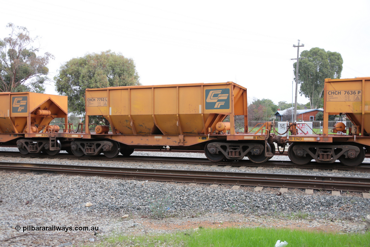 140601 4466
Woodbridge, empty Carina bound iron ore train #1035, CFCLA leased CHCH type waggon CHCH 7753 these waggons were rebuilt between 2010 and 2012 by Bluebird Rail Operations SA from former Goldsworthy Mining hopper waggons originally built by Tomlinson WA and Scotts of Ipswich Qld back in the 60's to early 80's. 1st June 2014.
Keywords: CHCH-type;CHCH7753;Bluebird-Rail-Operations-SA;2010/201-153;