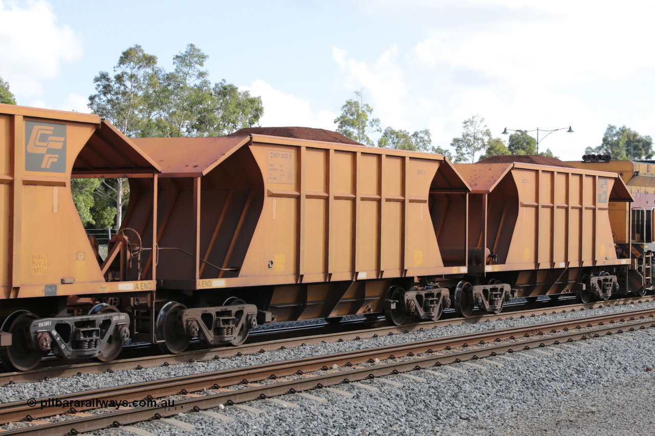 140601 4603
Midland, loaded iron ore train #1030 heading to Kwinana, CFCLA leased CHEY type waggon CHEY 8027 one pair of 120 bar coupled pairs built by Bluebird Rail Operations SA in 2011-12. 1st June 2014.
Keywords: CHEY-type;CHEY8027;Bluebird-Rail-Operations-SA;2011/120-27;