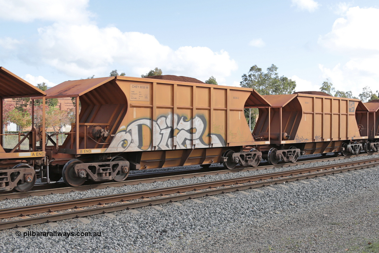 140601 4604
Midland, loaded iron ore train #1030 heading to Kwinana, CFCLA leased CHEY type waggon CHEY 8030 one pair of 120 bar coupled pairs built by Bluebird Rail Operations SA in 2011-12. 1st June 2014.
Keywords: CHEY-type;CHEY8030;Bluebird-Rail-Operations-SA;2011/120-30;