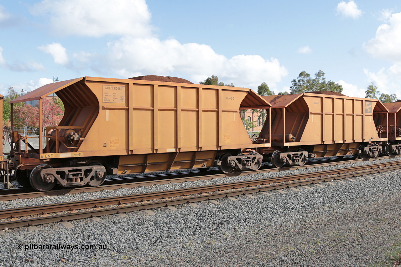 140601 4606
Midland, loaded iron ore train #1030 heading to Kwinana, CFCLA leased CHEY type waggon CHEY 8046 one pair of 120 bar coupled pairs built by Bluebird Rail Operations SA in 2011-12. 1st June 2014.
Keywords: CHEY-type;CHEY8046;Bluebird-Rail-Operations-SA;2011/120-46;