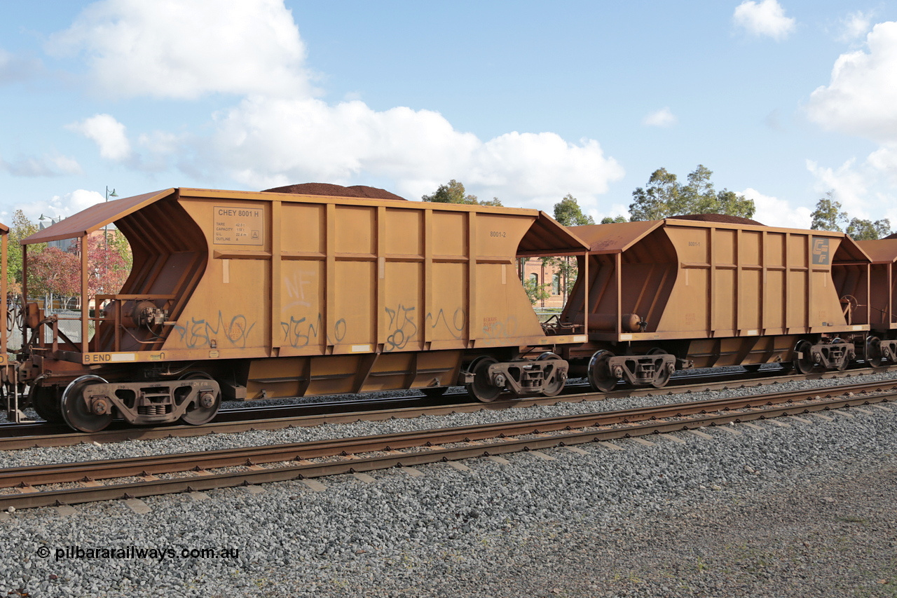 140601 4611
Midland, loaded iron ore train #1030 heading to Kwinana, CFCLA leased CHEY type waggon CHEY 8001 one pair of 120 bar coupled pairs built by Bluebird Rail Operations SA in 2011-12. 1st June 2014.
Keywords: CHEY-type;CHEY8001;Bluebird-Rail-Operations-SA;2011/120-1;