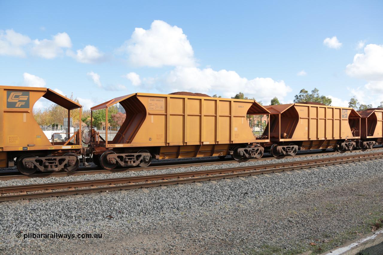 140601 4616
Midland, loaded iron ore train #1030 heading to Kwinana, CFCLA leased CHEY type waggon CHEY 8060 one pair of 120 bar coupled pairs built by Bluebird Rail Operations SA in 2011-12. 1st June 2014.
Keywords: CHEY-type;CHEY8060;Bluebird-Rail-Operations-SA;2011/120-60;
