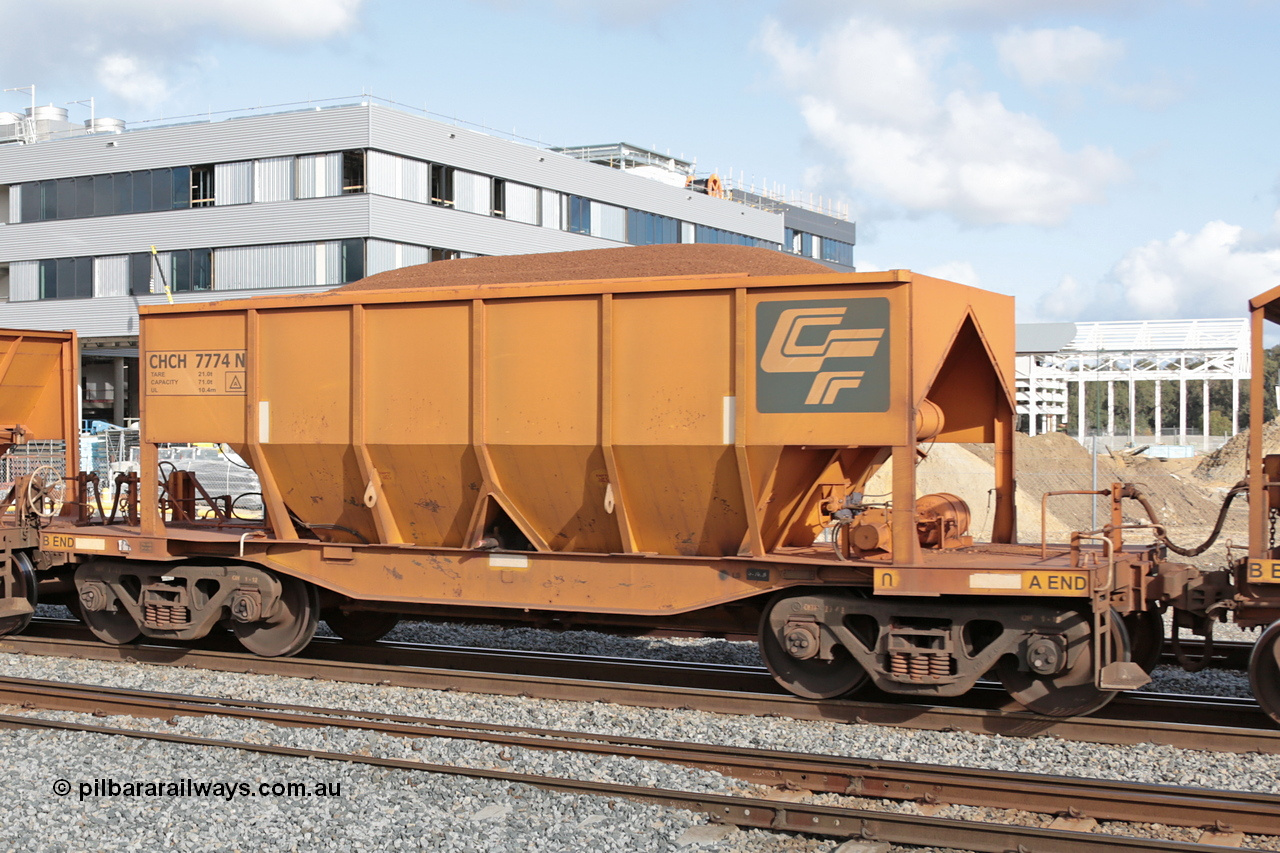 140601 4636
Midland, loaded iron ore train #1030 heading to Kwinana, CFCLA leased CHCH type waggon CHCH 7774 these waggons were rebuilt between 2010 and 2012 by Bluebird Rail Operations SA from former Goldsworthy Mining hopper waggons originally built by Tomlinson WA and Scotts of Ipswich Qld back in the 60's to early 80's. 1st June 2014.
Keywords: CHCH-type;CHCH7774;Bluebird-Rail-Operations-SA;2010/201-174;