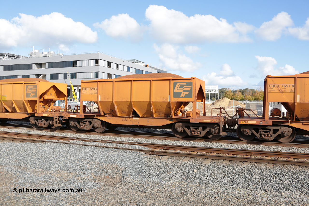 140601 4640
Midland, loaded iron ore train #1030 heading to Kwinana, CFCLA leased CHCH type waggon CHCH 7791 these waggons were rebuilt between 2010 and 2012 by Bluebird Rail Operations SA from former Goldsworthy Mining hopper waggons originally built by Tomlinson WA and Scotts of Ipswich Qld back in the 60's to early 80's. 1st June 2014.
Keywords: CHCH-type;CHCH7791;Bluebird-Rail-Operations-SA;2010/201-191;