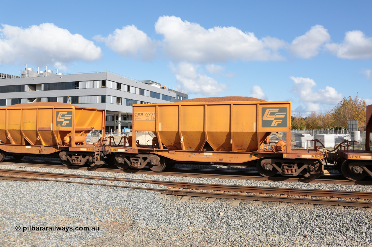 140601 4654
Midland, loaded iron ore train #1030 heading to Kwinana, CFCLA leased CHCH type waggon CHCH 7773 these waggons were rebuilt between 2010 and 2012 by Bluebird Rail Operations SA from former Goldsworthy Mining hopper waggons originally built by Tomlinson WA and Scotts of Ipswich Qld back in the 60's to early 80's. 1st June 2014.
Keywords: CHCH-type;CHCH7773;Bluebird-Rail-Operations-SA;2010/201-173;