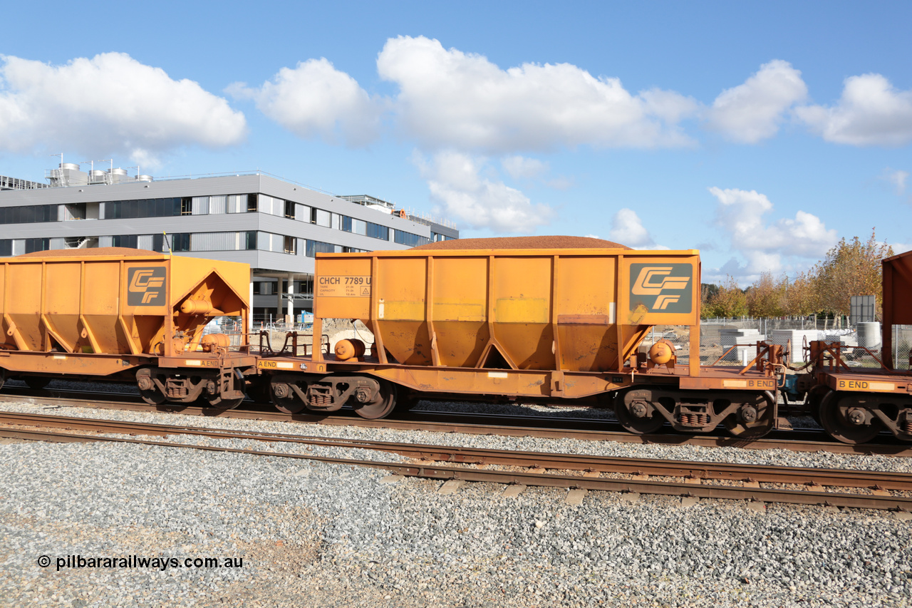 140601 4655
Midland, loaded iron ore train #1030 heading to Kwinana, CFCLA leased CHCH type waggon CHCH 7789 these waggons were rebuilt between 2010 and 2012 by Bluebird Rail Operations SA from former Goldsworthy Mining hopper waggons originally built by Tomlinson WA and Scotts of Ipswich Qld back in the 60's to early 80's. 1st June 2014.
Keywords: CHCH-type;CHCH7789;Bluebird-Rail-Operations-SA;2010/201-189;