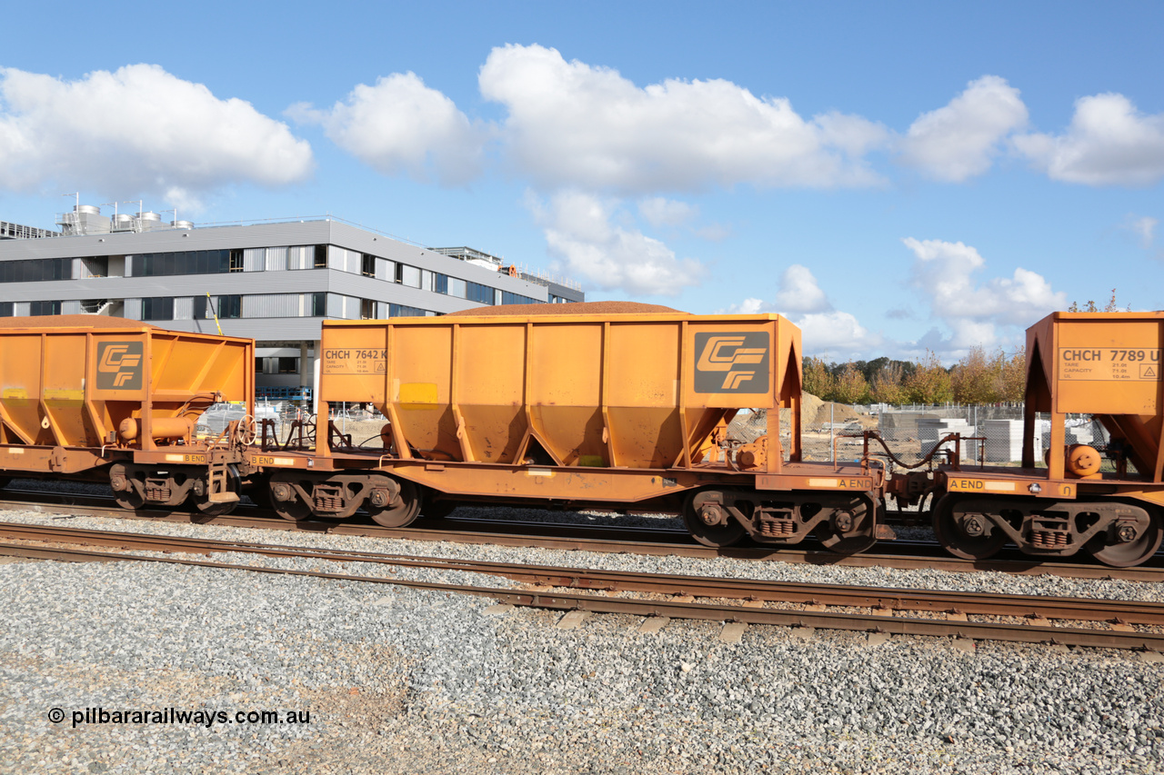 140601 4656
Midland, loaded iron ore train #1030 heading to Kwinana, CFCLA leased CHCH type waggon CHCH 7642 these waggons were rebuilt between 2010 and 2012 by Bluebird Rail Operations SA from former Goldsworthy Mining hopper waggons originally built by Tomlinson WA and Scotts of Ipswich Qld back in the 60's to early 80's. 1st June 2014.
Keywords: CHCH-type;CHCH7642;Bluebird-Rail-Operations-SA;2010/201-42;