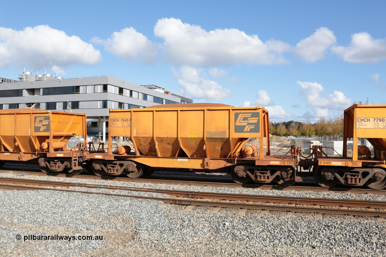 140601 4662
Midland, loaded iron ore train #1030 heading to Kwinana, CFCLA leased CHCH type waggon CHCH 7640 these waggons were rebuilt between 2010 and 2012 by Bluebird Rail Operations SA from former Goldsworthy Mining hopper waggons originally built by Tomlinson WA and Scotts of Ipswich Qld back in the 60's to early 80's. 1st June 2014.
Keywords: CHCH-type;CHCH7640;Bluebird-Rail-Operations-SA;2010/201-40;