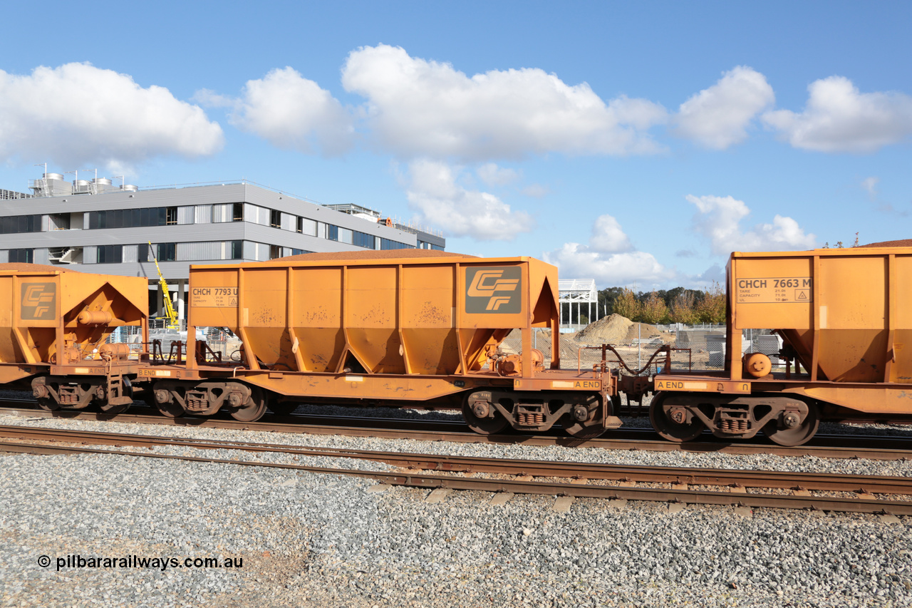 140601 4671
Midland, loaded iron ore train #1030 heading to Kwinana, CFCLA leased CHCH type waggon CHCH 7793 these waggons were rebuilt between 2010 and 2012 by Bluebird Rail Operations SA from former Goldsworthy Mining hopper waggons originally built by Tomlinson WA and Scotts of Ipswich Qld back in the 60's to early 80's. 1st June 2014.
Keywords: CHCH-type;CHCH7793;Bluebird-Rail-Operations-SA;2010/201-793;