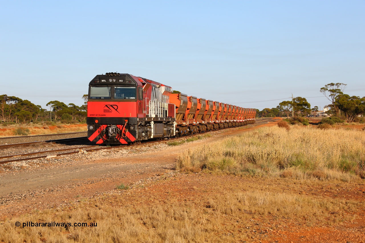 190107 0317
Parkeston, Mineral Resources MRL class loco MRL 002 'Spirit of Yilgarn' with serial R-0113-03/14-505 a UGL Rail Broadmeadow NSW built GE model C44ACi in 2014 stands in the Engineers Siding with a string of eighteen, or nine pairs of MHPY bottom discharge hopper waggons awaiting transfer over to West Kalgoorlie.
Keywords: MRL-class;MRL002;UGL-Rail-Broadmeadow-NSW;GE;C44ACi;R-0113-03/14-505;