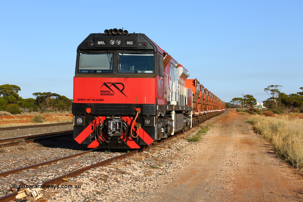 190107 0418
Parkeston, Mineral Resources MRL class loco MRL 002 'Spirit of Yilgarn' with serial R-0113-03/14-505 a UGL Rail Broadmeadow NSW built GE model C44ACi in 2014 stands in the Engineers Siding with a string of eighteen, or nine pairs of MHPY bottom discharge hopper waggons awaiting transfer over to West Kalgoorlie.
Keywords: MRL-class;MRL002;R-0113-03/14-505;UGL-Rail-Broadmeadow-NSW;GE;C44aci;