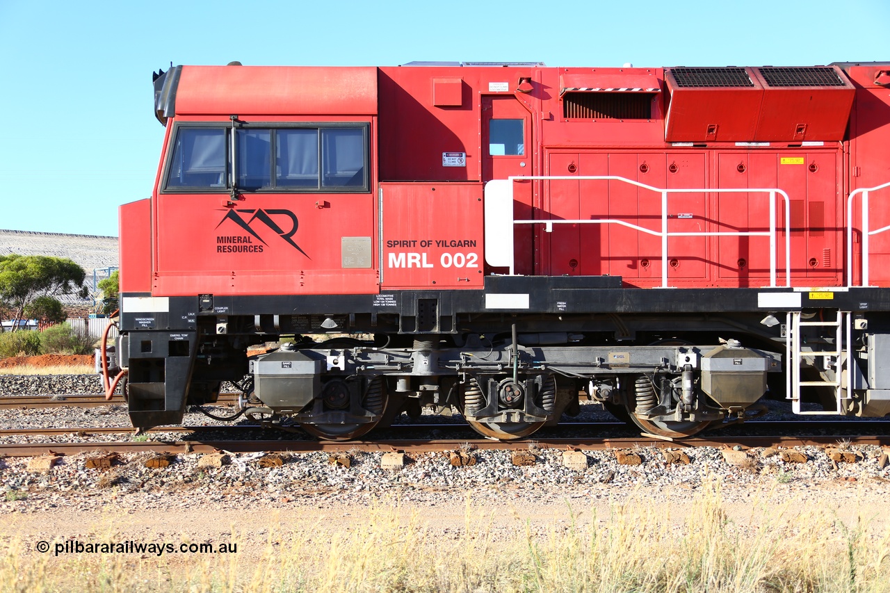190107 0420
Parkeston, cab side view of Mineral Resources MRL class loco MRL 002 'Spirit of Yilgarn' with serial R-0113-03/14-505 a UGL Rail Broadmeadow NSW built GE model C44ACi in 2014 stands in the Engineers Siding.
Keywords: MRL-class;MRL002;UGL-Rail-Broadmeadow-NSW;GE;C44ACi;R-0113-03/14-505;