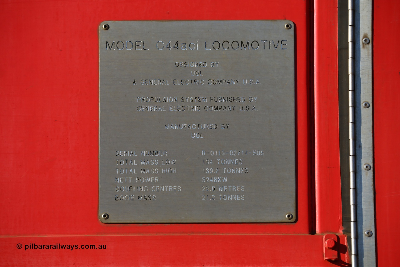 190107 0422
Parkeston, builders plate of Mineral Resources MRL class loco MRL 002 'Spirit of Yilgarn' with serial R-0113-03/14-505 a UGL Rail Broadmeadow NSW built GE model C44ACi in 2014 stands in the Engineers Siding.
Keywords: MRL-class;MRL002;R-0113-03/14-505;UGL-Rail-Broadmeadow-NSW;GE;C44aci;