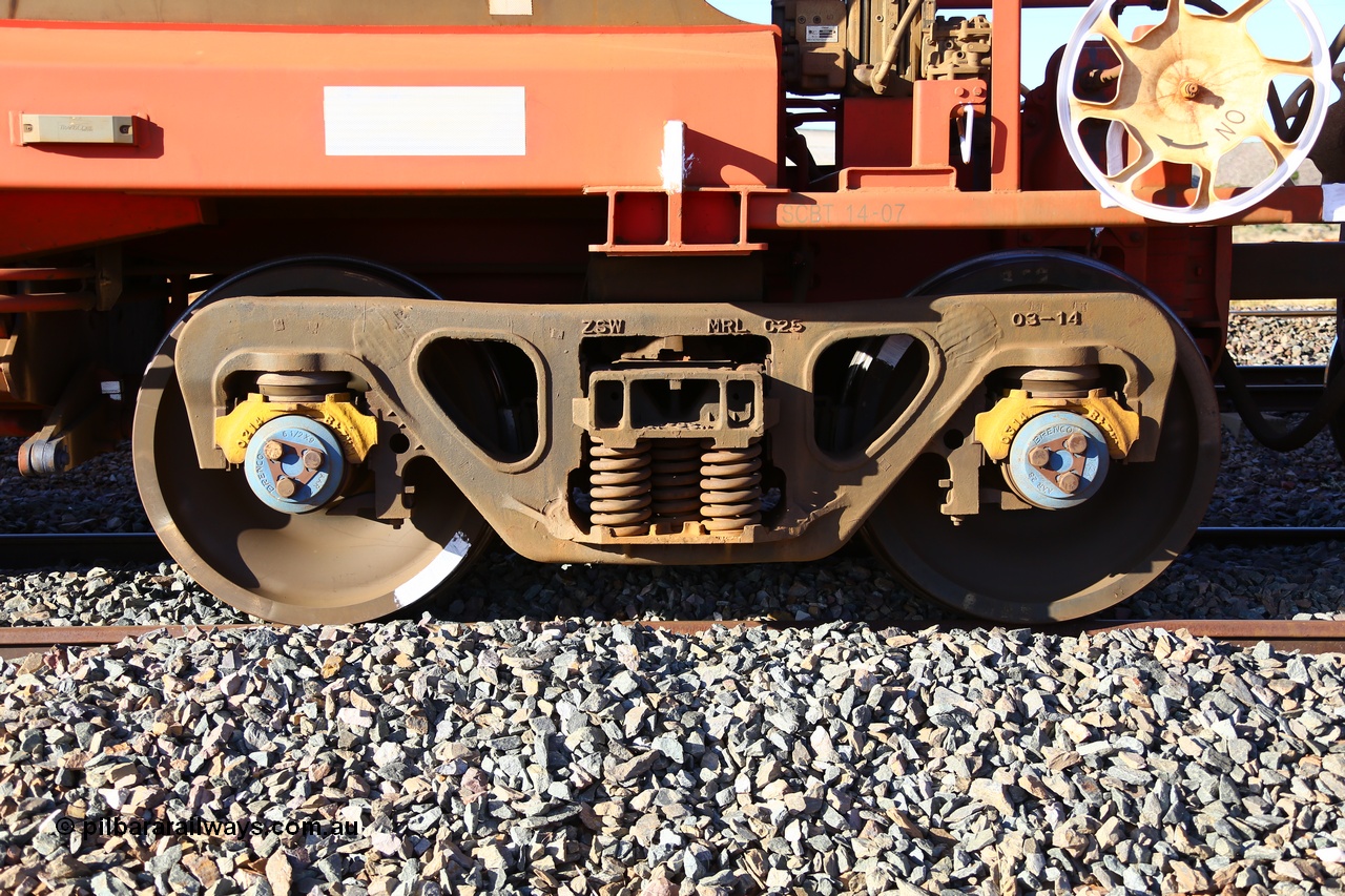 190107 0452
Parkeston, Mineral Resources Ltd bogie on MHPY type iron ore waggon MHPY 00014 built by CSR Yangtze Co China in 2014 as a batch of 382 units, these bottom discharge hopper waggons are operated in 'married' pairs.
Keywords: MHPY-type;MHPY00014;2014/382-14;CSR-Yangtze-Rolling-Stock-Co-China;