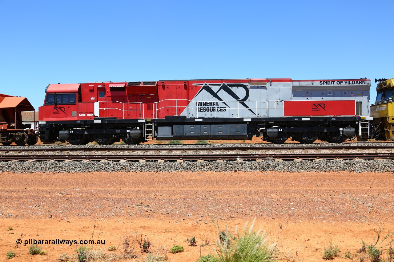 190107 0489
Parkeston, side view of Mineral Resources MRL class loco MRL 002 'Spirit of Yilgarn' with serial R-0113-03/14-505 a UGL Rail Broadmeadow NSW built GE model C44ACi in 2014.
Keywords: MRL-class;MRL002;UGL-Rail-NSW;GE;C44ACi;R-0113-03/14-505;