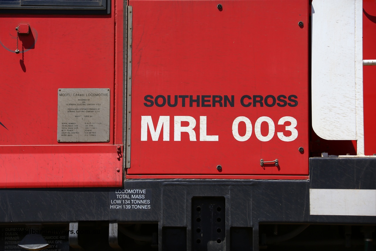 190107 0519
Binduli, cab side view of Mineral Resources MRL class loco MRL 003 'Southern Cross' with serial R-0113-03/14-506 a UGL Rail Broadmeadow NSW built GE model C44ACi in 2014.
Keywords: MRL-class;MRL003;R-0113-03/14-506;UGL-Rail-Broadmeadow-NSW;GE;C44aci;