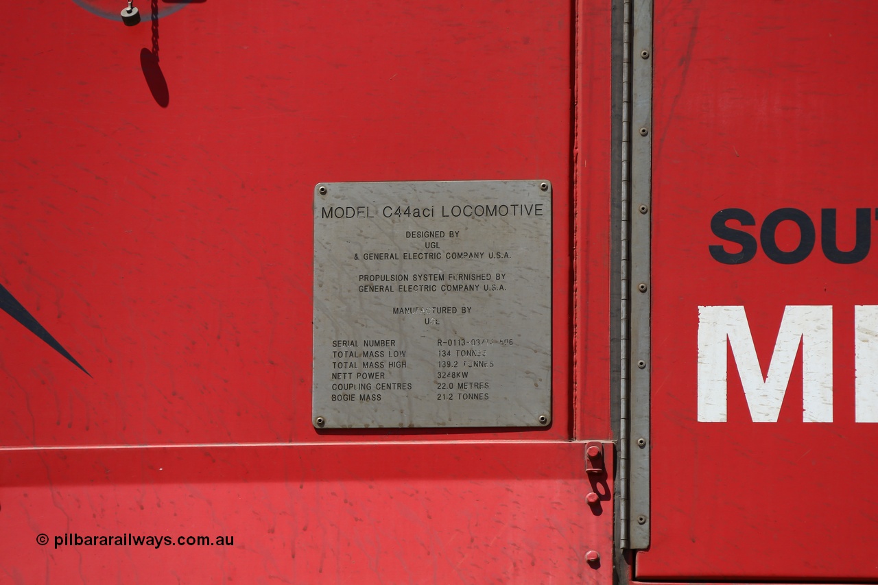 190107 0520
Binduli, cab side view of Mineral Resources MRL class loco MRL 003 'Southern Cross' with serial R-0113-03/14-506 a UGL Rail Broadmeadow NSW built GE model C44ACi in 2014.
Keywords: MRL-class;MRL003;R-0113-03/14-506;UGL-Rail-Broadmeadow-NSW;GE;C44aci;