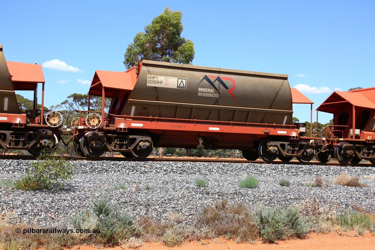 190107 0599
Binduli, on empty Mineral Resources Ltd iron ore train service from Esperance to Koolyanobbing 2034 with MRL's MHPY type iron ore waggon MHPY 00009 built by CSR Yangtze Co China serial 2014/382-9 in 2014 as a batch of 382 units, these bottom discharge hopper waggons are operated in 'married' pairs.
Keywords: MHPY-type;MHPY00009;2014/382-9;CSR-Yangtze-Rolling-Stock-Co-China;