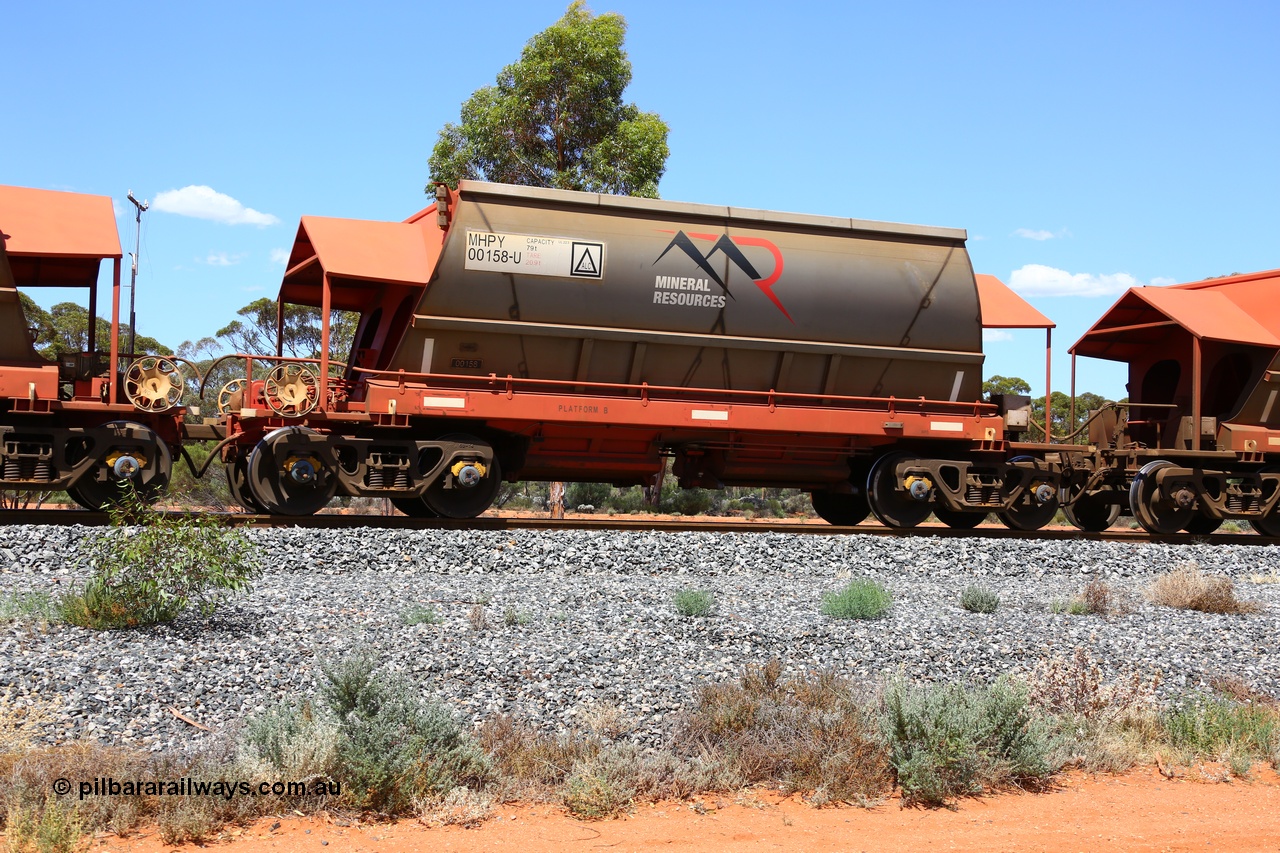 190107 0605
Binduli, on empty Mineral Resources Ltd iron ore train service from Esperance to Koolyanobbing 2034 with MRL's MHPY type iron ore waggon MHPY 00158 built by CSR Yangtze Co China serial 2014/382-158 in 2014 as a batch of 382 units, these bottom discharge hopper waggons are operated in 'married' pairs.
Keywords: MHPY-type;MHPY00158;2014/382-158;CSR-Yangtze-Rolling-Stock-Co-China;