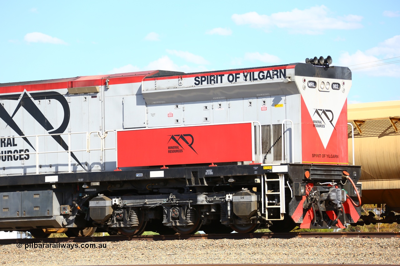 190107 0652
West Kalgoorlie, radiator end view of Mineral Resources MRL class loco MRL 002 'Spirit of Yilgarn' with serial R-0113-03/14-505 a UGL Rail Broadmeadow NSW built GE model C44ACi model locomotive.
Keywords: MRL-class;MRL002;R-0113-03/14-505;UGL-Rail-Broadmeadow-NSW;GE;C44aci;