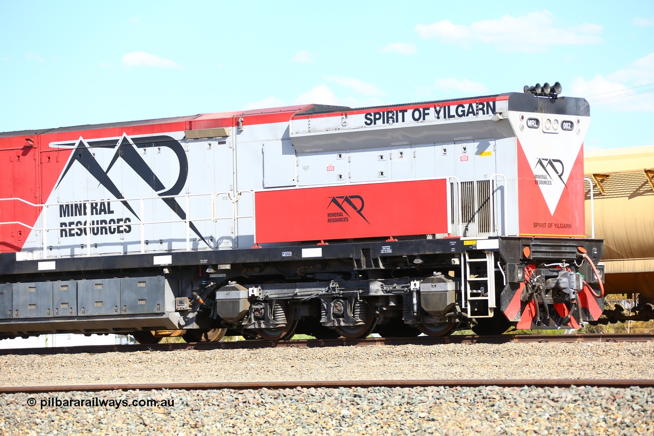 190107 0653
West Kalgoorlie, radiator end view of Mineral Resources MRL class loco MRL 002 'Spirit of Yilgarn' with serial R-0113-03/14-505 a UGL Rail Broadmeadow NSW built GE model C44ACi model locomotive.
Keywords: MRL-class;MRL002;R-0113-03/14-505;UGL-Rail-Broadmeadow-NSW;GE;C44aci;