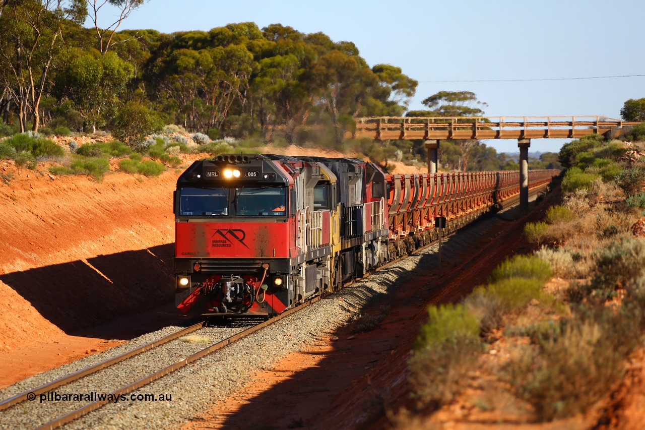 190109 1552
Binduli, Mineral Resources Ltd empty iron ore train 4030 with MRL 005 'Carina Flyer' with serial number R-0113-05/14-508 and is a UGL Rail Broadmeadow NSW built GE C44ACi model locomotive, one of six such units built for Mineral Resources in 2014.
Keywords: MRL-class;MRL005;UGL-Rail-Broadmeadow-NSW;GE;C44ACi;R-0113-05/14-508;