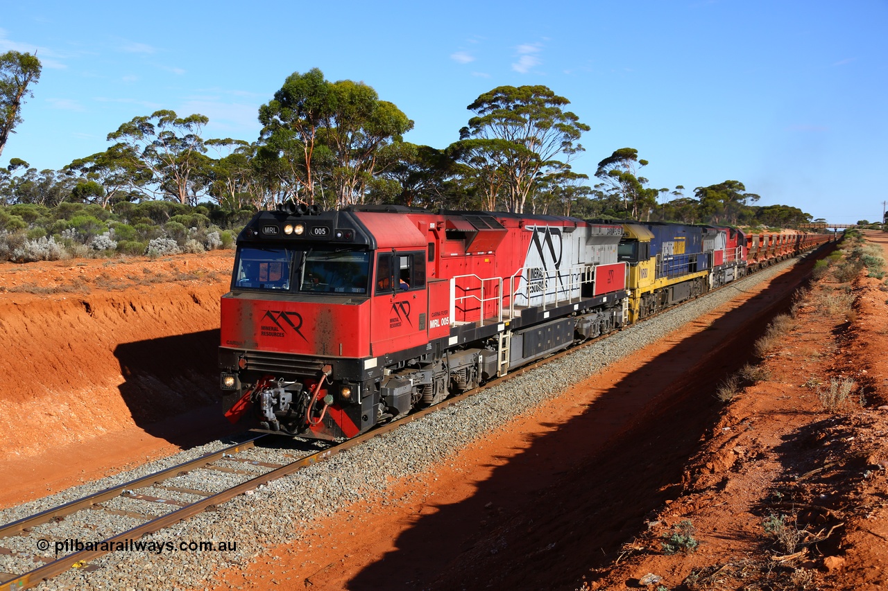 190109 1558
Binduli, Mineral Resources Ltd empty iron ore train 4030 with MRL 005 'Carina Flyer' with serial number R-0113-05/14-508 and is a UGL Rail Broadmeadow NSW built GE C44ACi model locomotive, one of six such units built for Mineral Resources in 2014.
Keywords: MRL-class;MRL005;UGL-Rail-NSW;GE;C44ACi;R-0113-05/14-508;