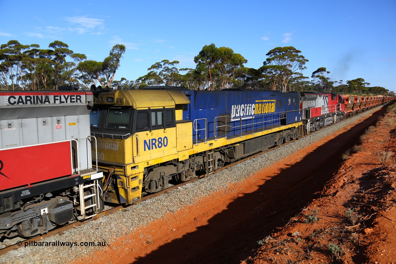 190109 1559
Binduli, Mineral Resources Ltd empty iron ore train 4030 with Pacific National's NR class loco NR 80 with serial 7250-03 / 97-282 a Goninan Bassendean WA built GE model Cv40-9i model locomotive originally built for National Rail Corporation 1997.
Keywords: NR-class;NR80;Goninan-Bassendean-WA;GE;Cv40-9i;7250-03/97-282;