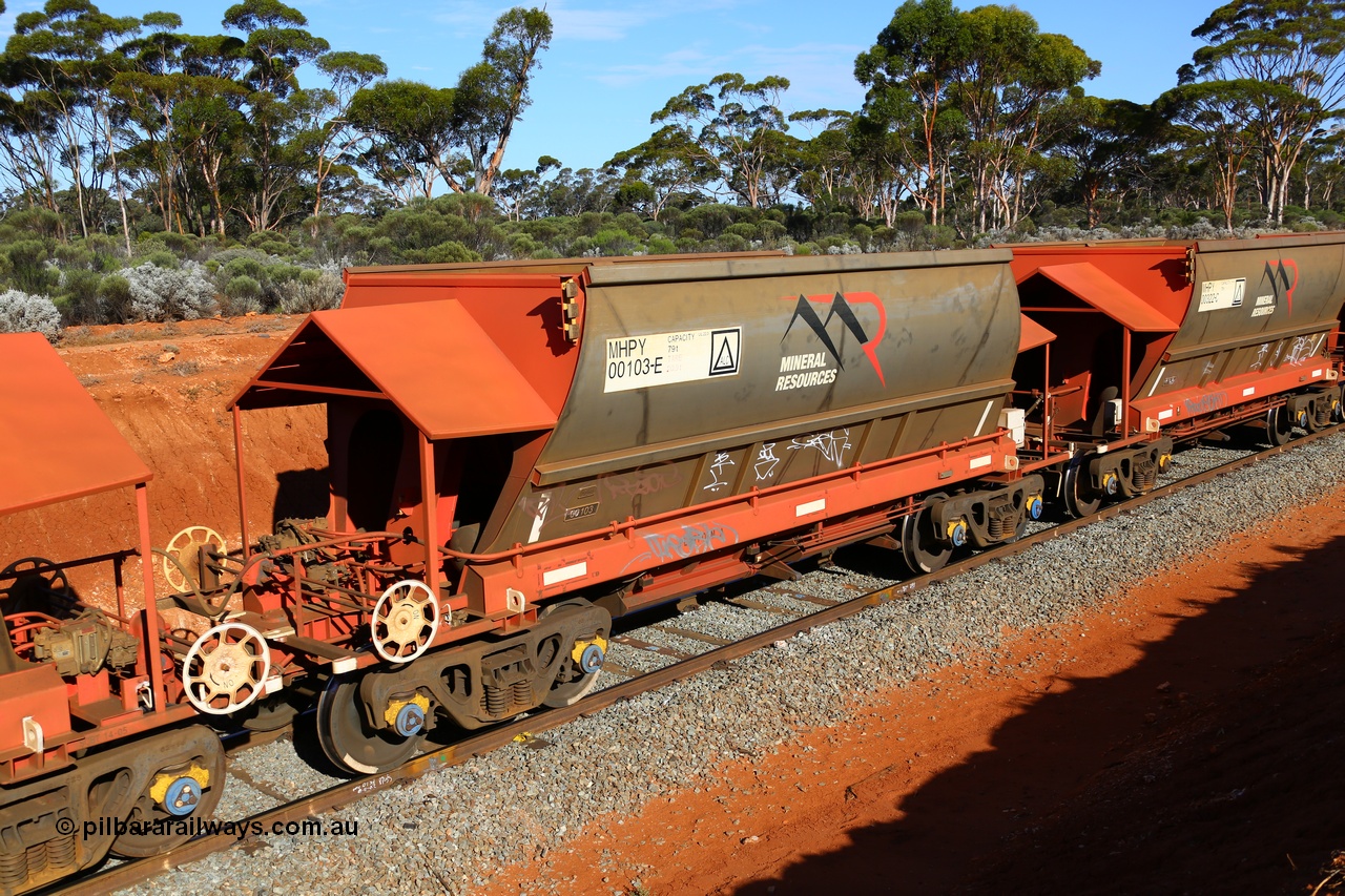 190109 1596
Binduli, Mineral Resources Ltd empty iron ore train 4030 with MRL's MHPY type iron ore waggon MHPY 00103 built by CSR Yangtze Co China serial 2014/382-103 in 2014 as a batch of 382 units, these bottom discharge hopper waggons are operated in 'married' pairs.
Keywords: MHPY-type;MHPY00103;2014/382-103;CSR-Yangtze-Rolling-Stock-Co-China;