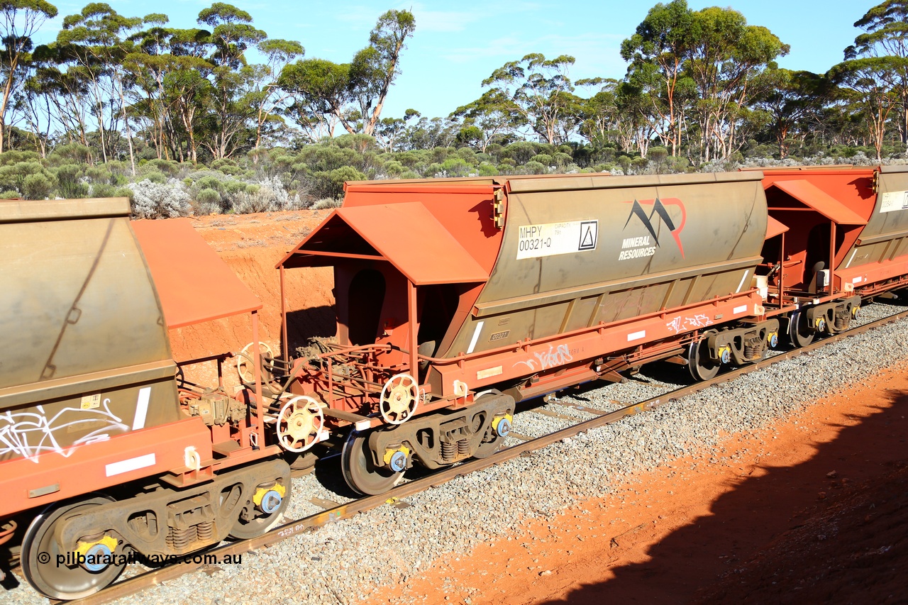 190109 1598
Binduli, Mineral Resources Ltd empty iron ore train 4030 with MRL's MHPY type iron ore waggon MHPY 00321 built by CSR Yangtze Co China serial 2014/382-321 in 2014 as a batch of 382 units, these bottom discharge hopper waggons are operated in 'married' pairs.
Keywords: MHPY-type;MHPY00321;2014/382-321;CSR-Yangtze-Rolling-Stock-Co-China;