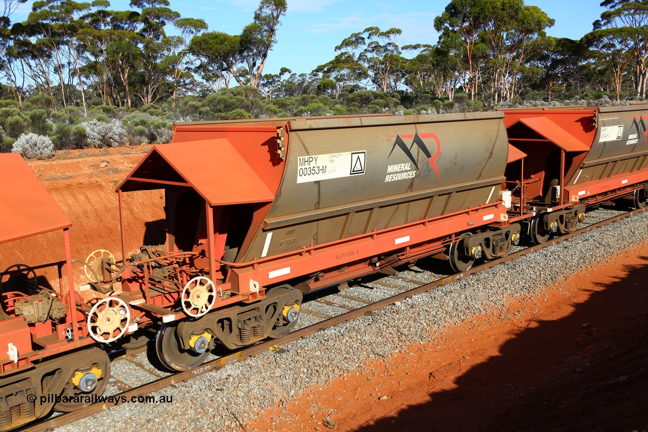 190109 1600
Binduli, Mineral Resources Ltd empty iron ore train 4030 with MRL's MHPY type iron ore waggon MHPY 00353 built by CSR Yangtze Co China serial 2014/382-353 in 2014 as a batch of 382 units, these bottom discharge hopper waggons are operated in 'married' pairs.
Keywords: MHPY-type;MHPY00353;2014/382-353;CSR-Yangtze-Rolling-Stock-Co-China;