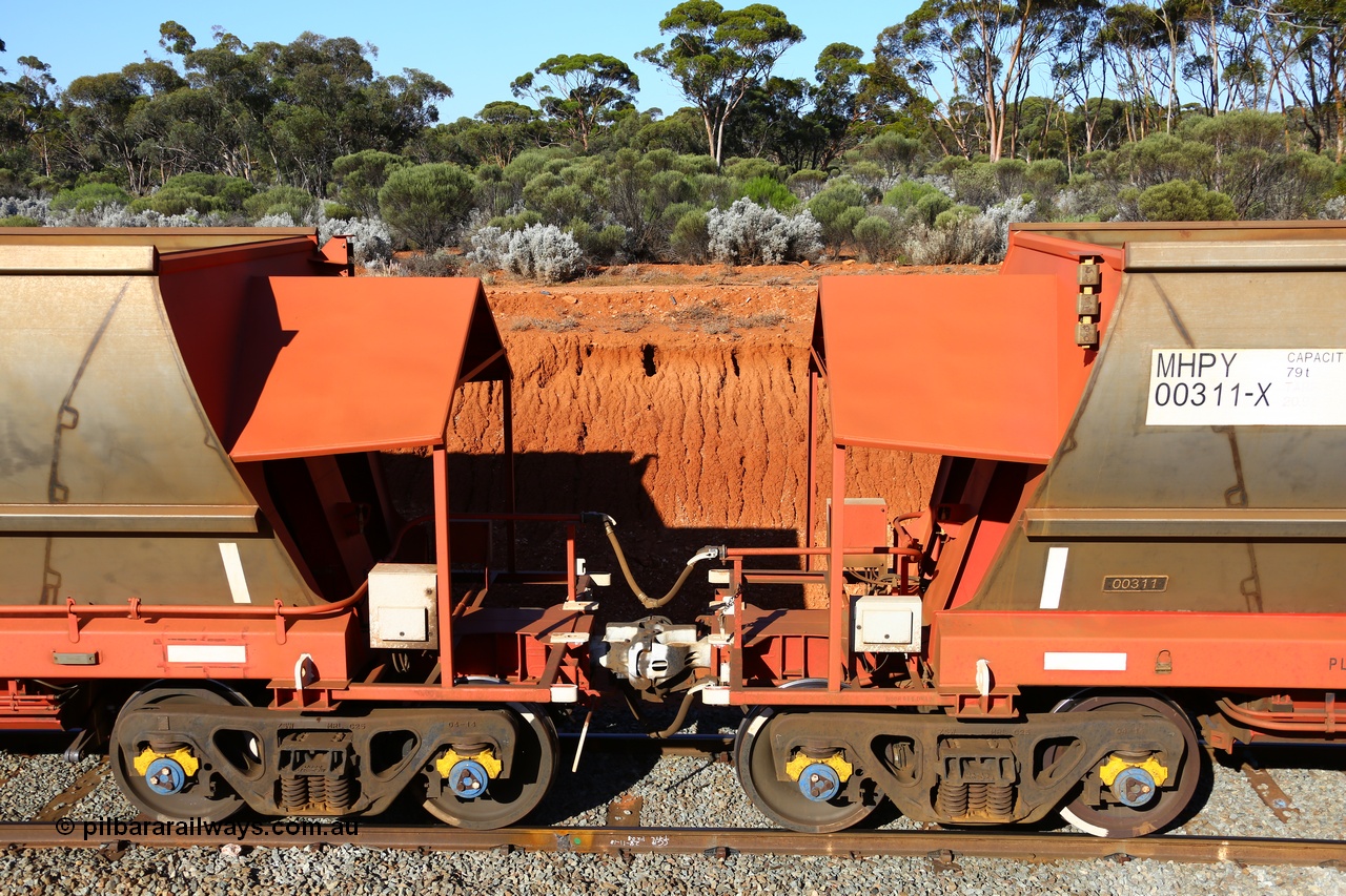 190109 1606
Binduli, Mineral Resources Ltd empty iron ore train 4030 with MRL's MHPY type iron ore waggon MHPY 00311 built by CSR Yangtze Co China serial 2014/382-311 in 2014 as a batch of 382 units, these bottom discharge hopper waggons are operated in 'married' pairs.
Keywords: MHPY-type;MHPY00311;2014/382-311;CSR-Yangtze-Rolling-Stock-Co-China;