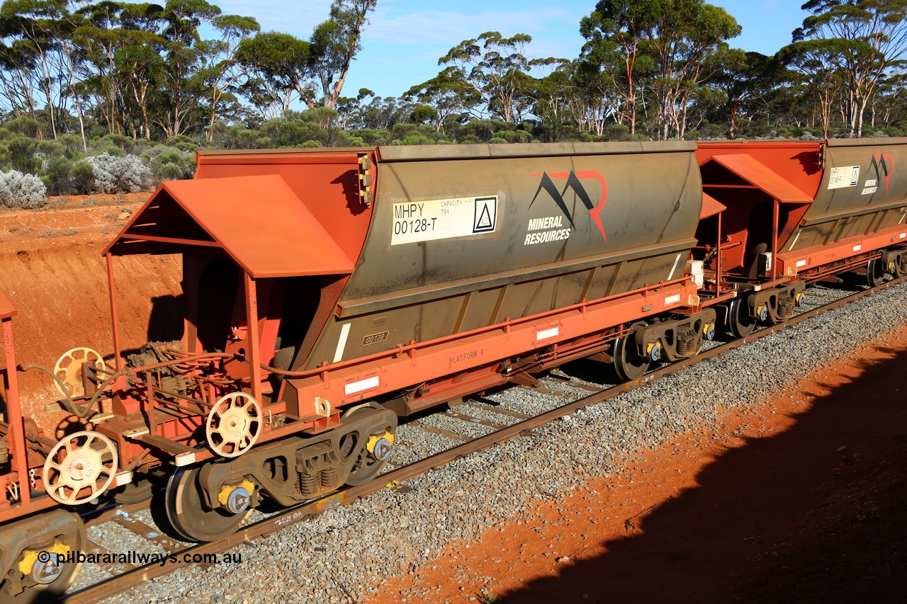 190109 1622
Binduli, Mineral Resources Ltd empty iron ore train 4030 with MRL's MHPY type iron ore waggon MHPY 00128 built by CSR Yangtze Co China serial 2014/382-128 in 2014 as a batch of 382 units, these bottom discharge hopper waggons are operated in 'married' pairs.
Keywords: MHPY-type;MHPY00128;2014/382-128;CSR-Yangtze-Rolling-Stock-Co-China;