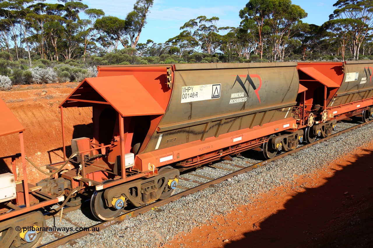 190109 1623
Binduli, Mineral Resources Ltd empty iron ore train 4030 with MRL's MHPY type iron ore waggon MHPY 00145 built by CSR Yangtze Co China serial 2014/382-145 in 2014 as a batch of 382 units, these bottom discharge hopper waggons are operated in 'married' pairs.
Keywords: MHPY-type;MHPY00146;2014/382-146;CSR-Yangtze-Rolling-Stock-Co-China;