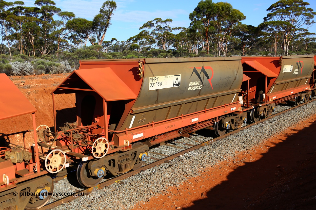 190109 1628
Binduli, Mineral Resources Ltd empty iron ore train 4030 with MRL's MHPY type iron ore waggon MHPY 00166 built by CSR Yangtze Co China serial 2014/382-166 in 2014 as a batch of 382 units, these bottom discharge hopper waggons are operated in 'married' pairs.
Keywords: MHPY-type;MHPY00166;2014/382-166;CSR-Yangtze-Rolling-Stock-Co-China;