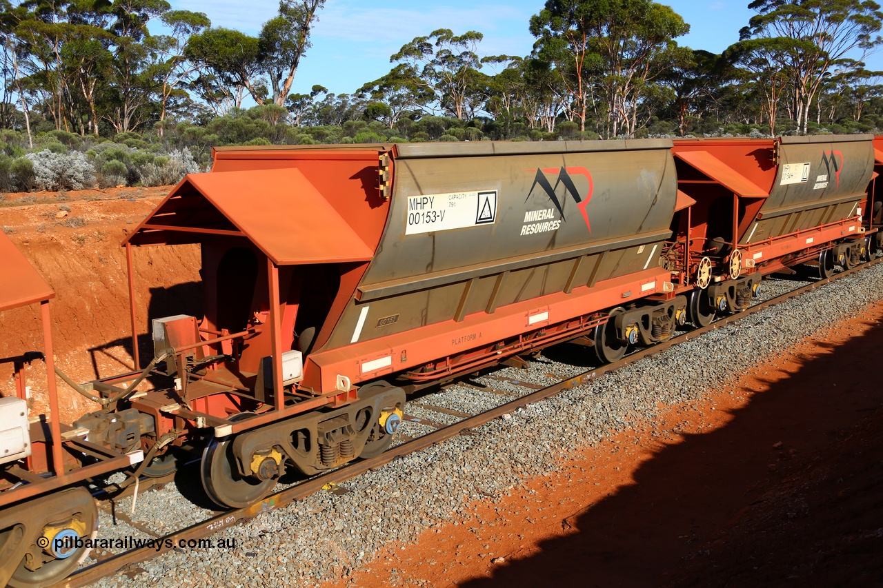 190109 1633
Binduli, Mineral Resources Ltd empty iron ore train 4030 with MRL's MHPY type iron ore waggon MHPY 00153 built by CSR Yangtze Co China serial 2014/382-153 in 2014 as a batch of 382 units, these bottom discharge hopper waggons are operated in 'married' pairs.
Keywords: MHPY-type;MHPY00153;2014/382-153;CSR-Yangtze-Rolling-Stock-Co-China;