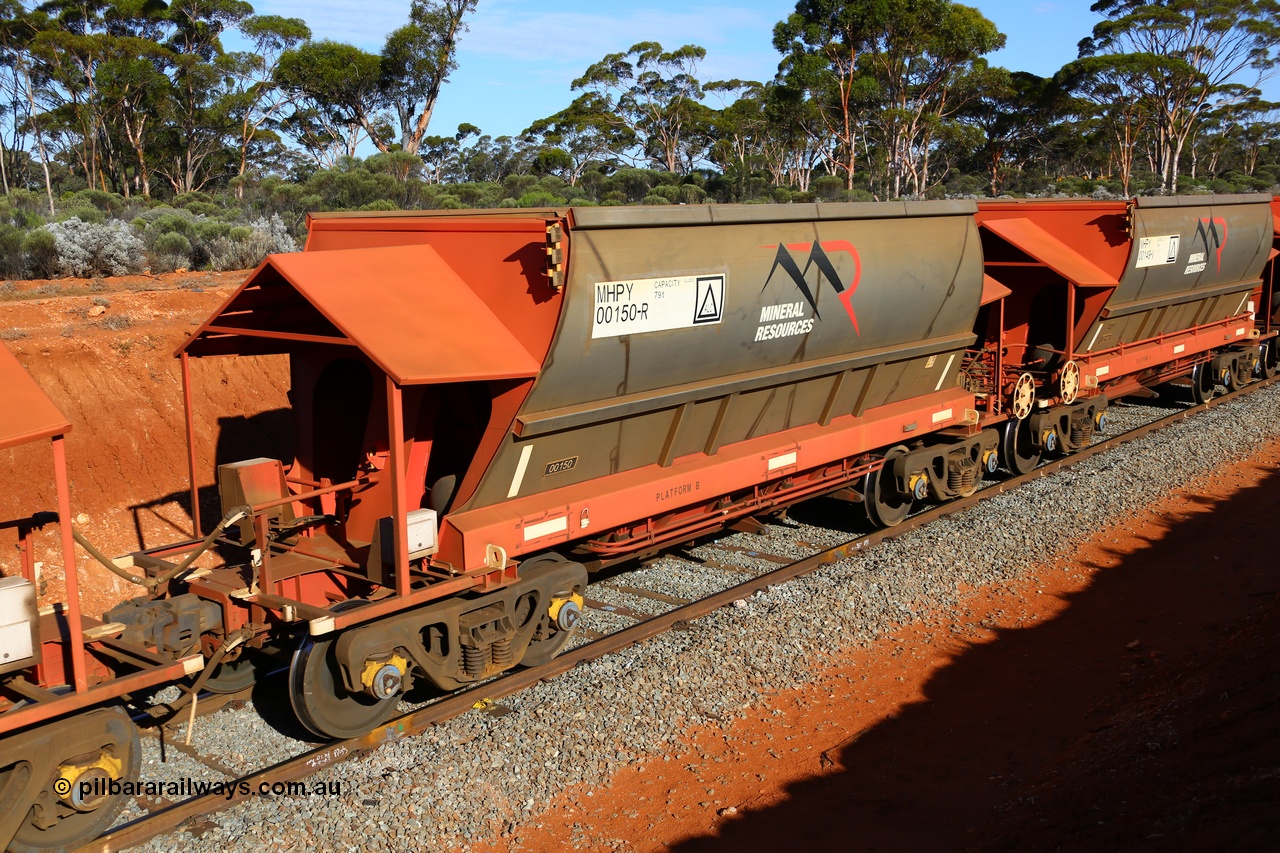 190109 1635
Binduli, Mineral Resources Ltd empty iron ore train 4030 with MRL's MHPY type iron ore waggon MHPY 00149 built by CSR Yangtze Co China serial 2014/382-149 in 2014 as a batch of 382 units, these bottom discharge hopper waggons are operated in 'married' pairs.
Keywords: MHPY-type;MHPY00150;2014/382-150;CSR-Yangtze-Rolling-Stock-Co-China;