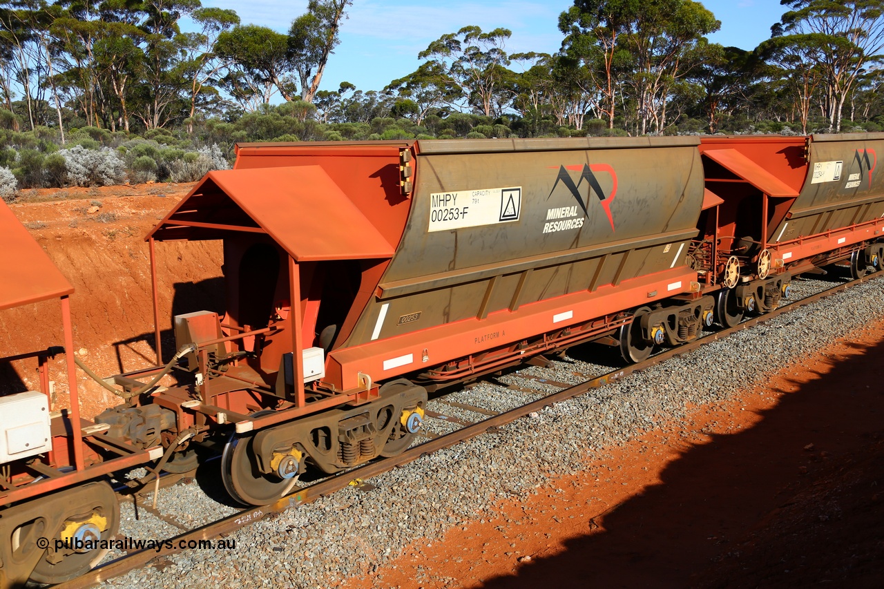 190109 1643
Binduli, Mineral Resources Ltd empty iron ore train 4030 with MRL's MHPY type iron ore waggon MHPY 00253 built by CSR Yangtze Co China serial 2014/382-253 in 2014 as a batch of 382 units, these bottom discharge hopper waggons are operated in 'married' pairs.
Keywords: MHPY-type;MHPY00253;2014/382-253;CSR-Yangtze-Rolling-Stock-Co-China;