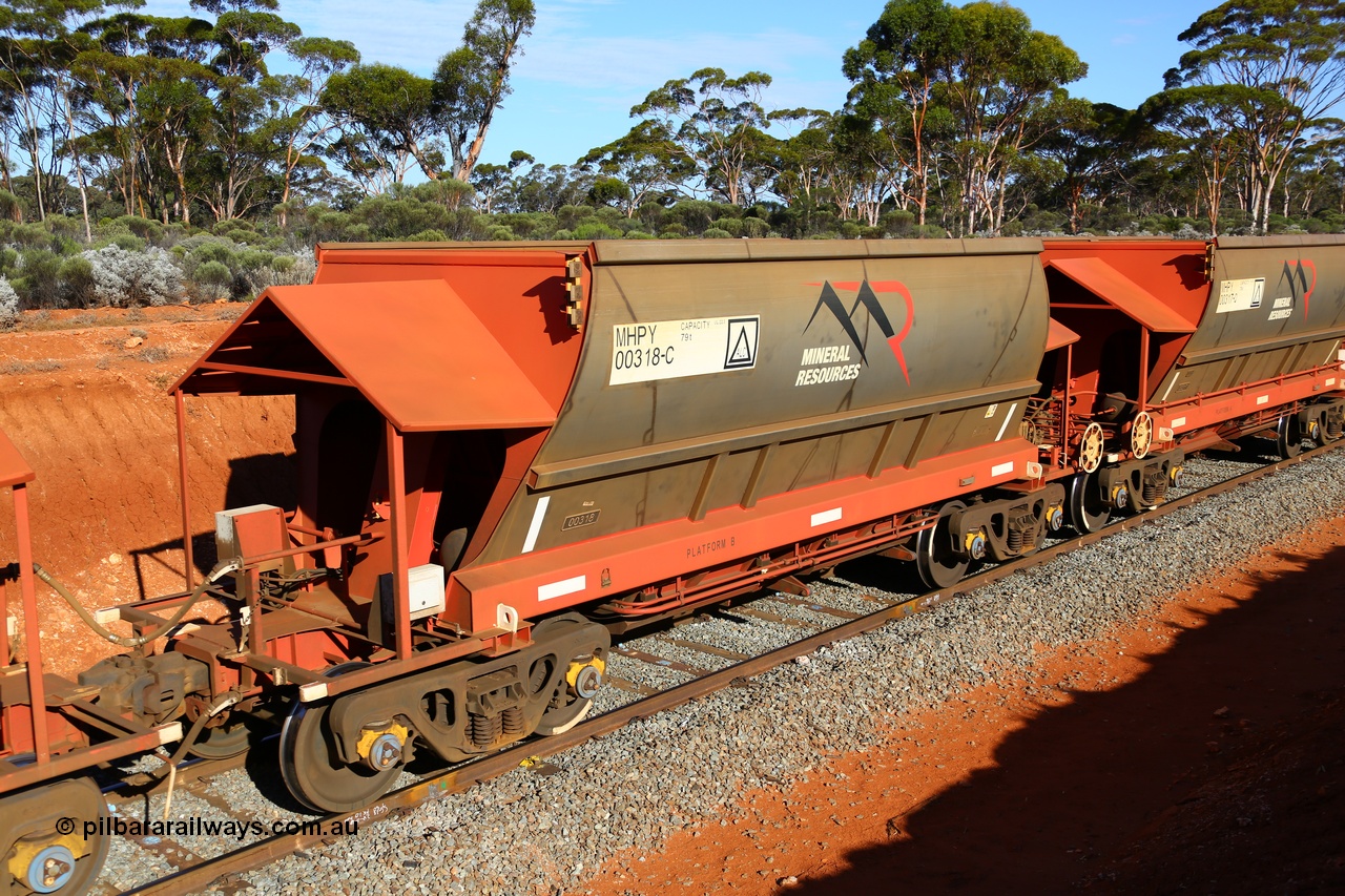 190109 1647
Binduli, Mineral Resources Ltd empty iron ore train 4030 with MRL's MHPY type iron ore waggon MHPY 00317 built by CSR Yangtze Co China serial 2014/382-317 in 2014 as a batch of 382 units, these bottom discharge hopper waggons are operated in 'married' pairs.
Keywords: MHPY-type;MHPY00318;2014/382-318;CSR-Yangtze-Rolling-Stock-Co-China;