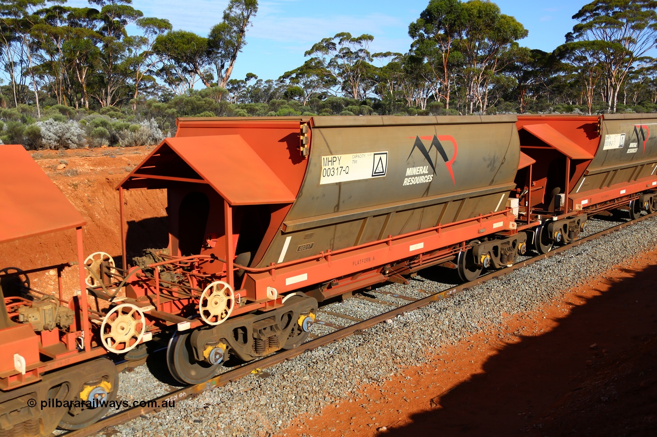 190109 1648
Binduli, Mineral Resources Ltd empty iron ore train 4030 with MRL's MHPY type iron ore waggon MHPY 00318 built by CSR Yangtze Co China serial 2014/382-318 in 2014 as a batch of 382 units, these bottom discharge hopper waggons are operated in 'married' pairs.
Keywords: MHPY-type;MHPY00317;2014/382-317;CSR-Yangtze-Rolling-Stock-Co-China;