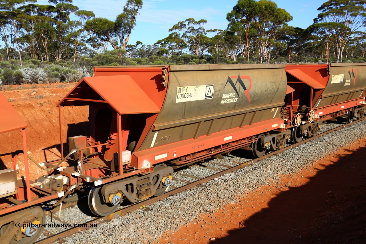 190109 1651
Binduli, Mineral Resources Ltd empty iron ore train 4030 with MRL's MHPY type iron ore waggon MHPY 00003 built by CSR Yangtze Co China serial 2014/382-3 in 2014 as a batch of 382 units, these bottom discharge hopper waggons are operated in 'married' pairs.
Keywords: MHPY-type;MHPY00003;2014/382-3;CSR-Yangtze-Rolling-Stock-Co-China;